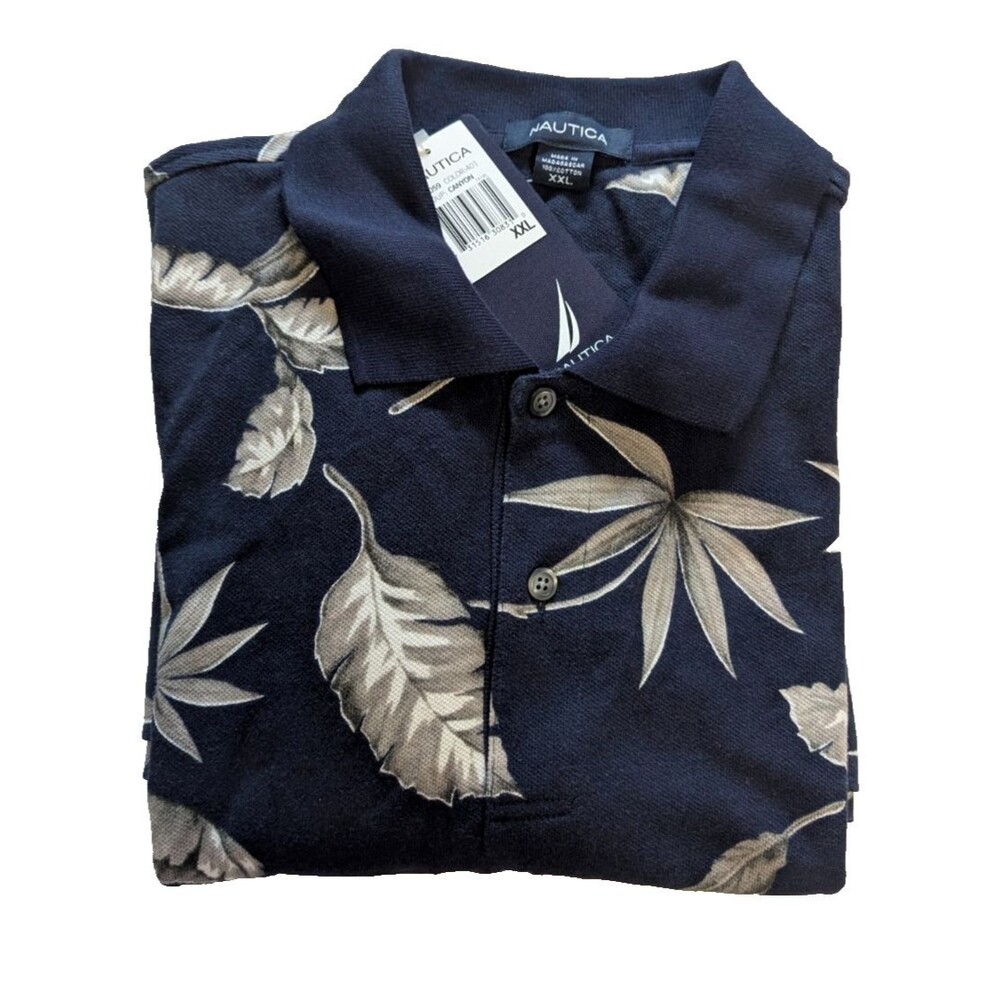 Nautica S Sleeve Polo Men's XXL Navy/Beige Botanical Leaf Print Shirt Cotton NWT